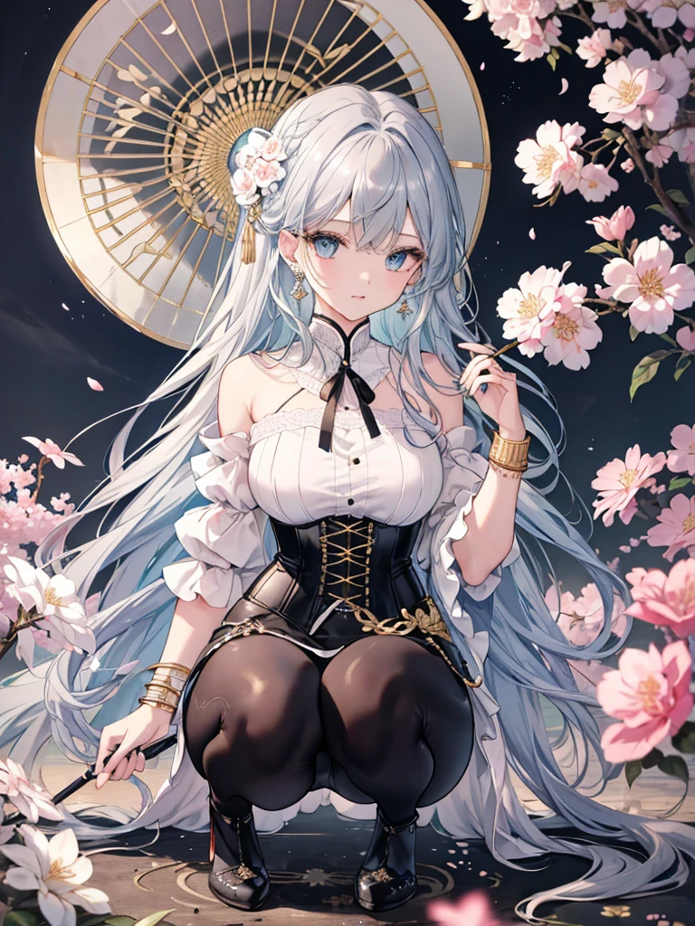 8k,High resolution RAW color art, Anime Art,Silver Marble Skin, (((Highly detailed elegant))), Detailed skin, texture,(Exquisitely crafted, The finer details, Ultra-detailed art), (1 Girl), Depth of written boundary, Silky Touch, Hyper Detail, Cool face, eye shadow、Armed pretty woman, Beautiful attention to detail, Beautiful lip detail, Highly detailed face, Delicate depiction of hair and eyes, Detailed Fashion, Blue sparkling eyes, Earrings, Slightly larger breasts,Full body depiction, ,Focus on the user、Stylish white off-shoulder pants、Black above the knee corset skirt、Tights up to the knee、Thighs、Golden decoration, Black nails, Gray Hair, Golden bracelet, Long Straight Hair, Light blue outer color、(((Hair)))、sweater、Cherry Blossoms at Night(Lesoonlight、肌面積Lesature)))、Calm background、Dildo