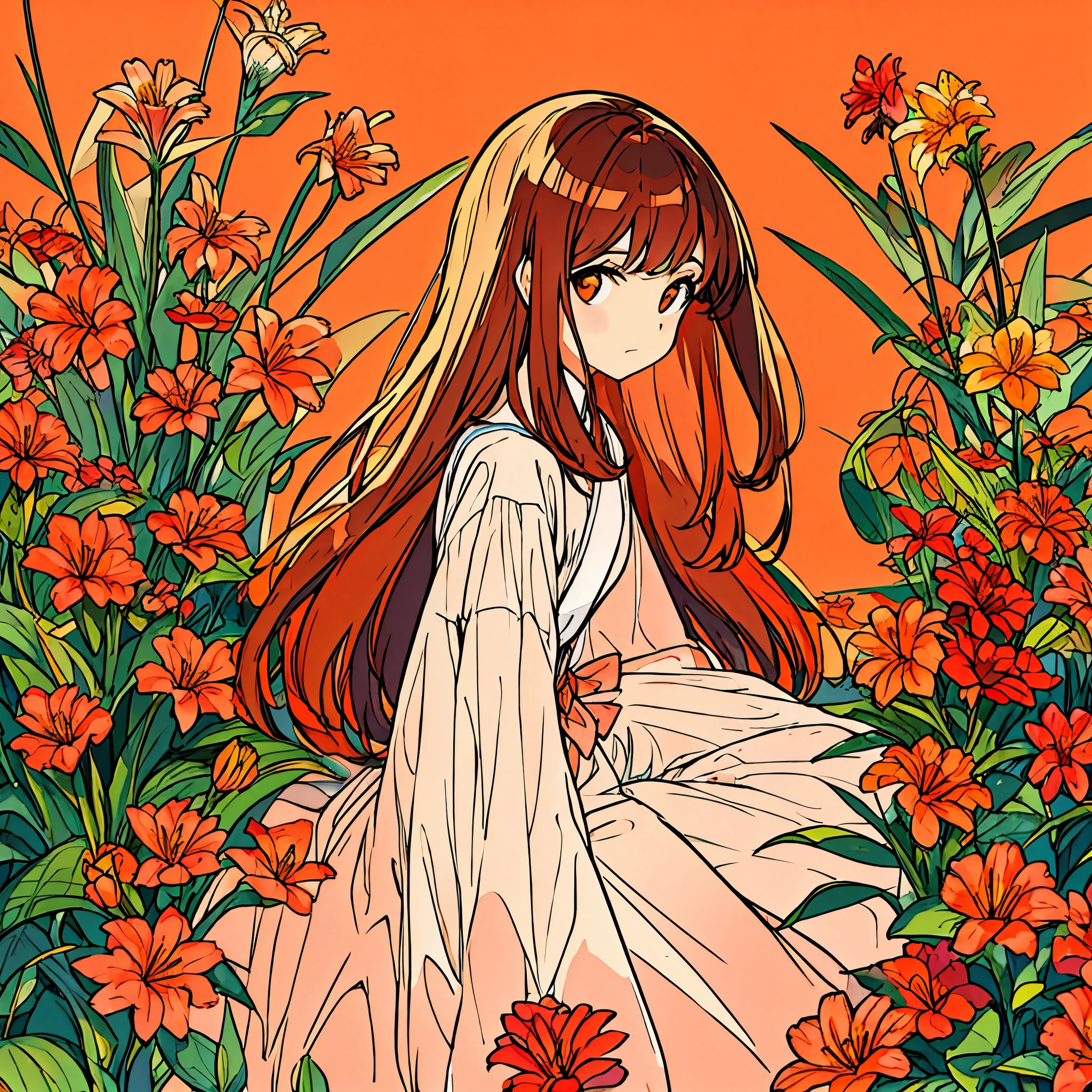 Orange plain background, lily flower, woman in white dress, brown hair, summer, nostalgic, simple