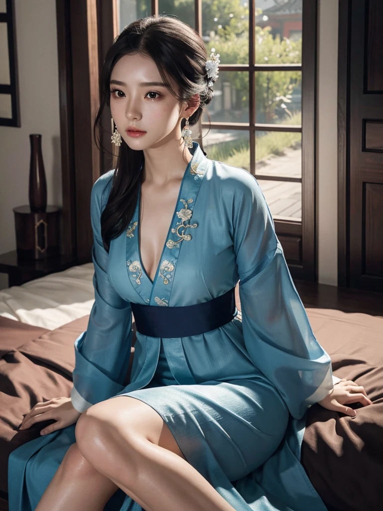 absurdres, RAW photo, extremely delicate and beautiful, masterpiece, Best Quality, ultra high resolution, 32k, hyperrealistic, ultra-detailed, perfect anatomy, super Detailed skin, perfect figure, Super Beauty, Perfect Style, Perfect balance, 20 years old, very small head, very small face, delicate facial features, detailed face, detailed eyes, tearful mole, earring, very huge round breasts, legs, medium hair, whole body shot, (Hanfu), indoor,