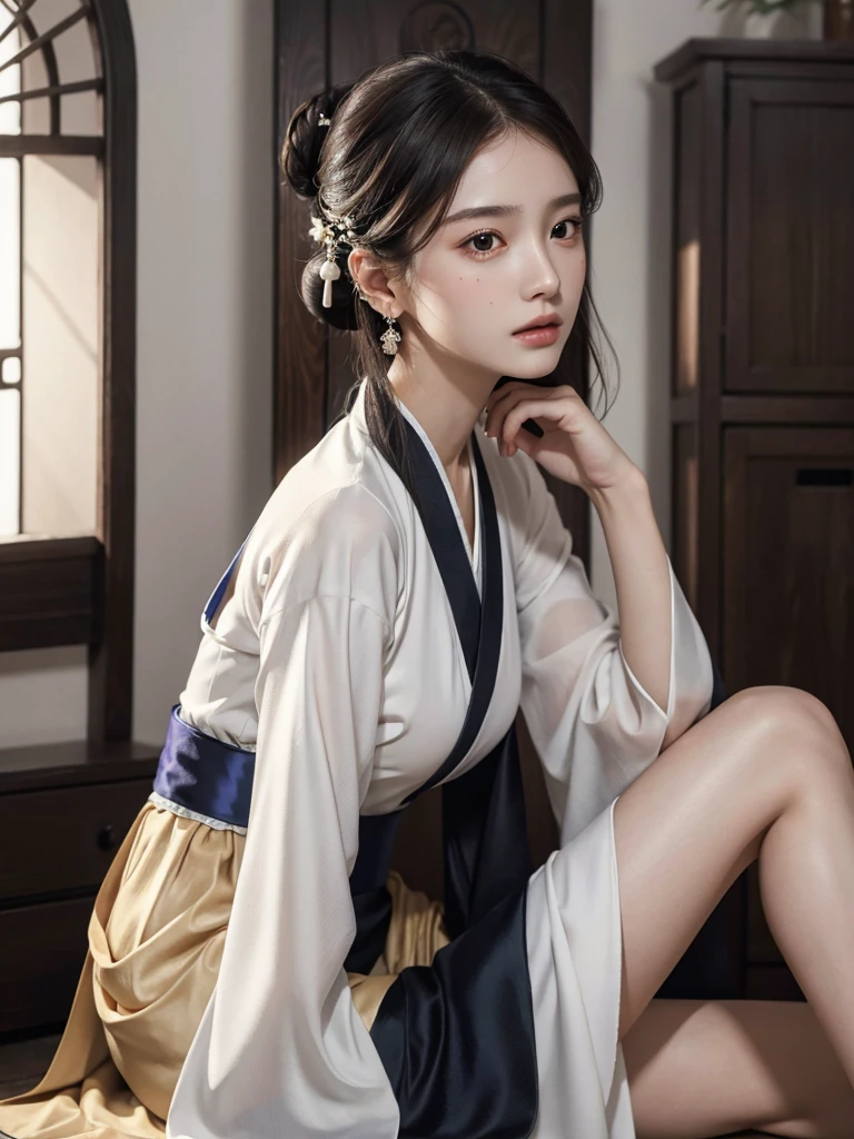 absurdres, RAW photo, extremely delicate and beautiful, masterpiece, Best Quality, ultra high resolution, 32k, hyperrealistic, ultra-detailed, perfect anatomy, super Detailed skin, perfect figure, Super Beauty, Perfect Style, Perfect balance, 20 years old, very small head, very small face, delicate facial features, detailed face, detailed eyes, tearful mole, earring, very huge round breasts, legs, medium hair, whole body shot, (Hanfu), indoor,