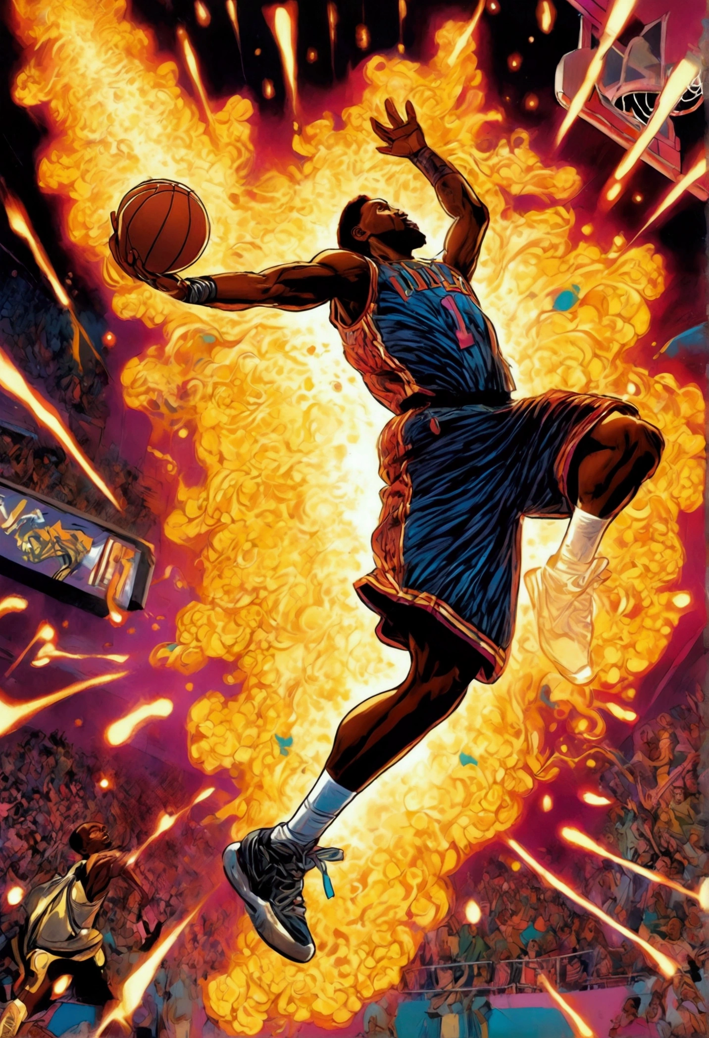 (Basketball Dunk), Game-Winning Dunk, in the style of laser lighting, focused light beams, vibrant light patterns, colored laser lights, danger, pulp comics, pulp art, hyper-realistic manga style, lurid, magazine cover imagery, dynamic composition, full body, award-winning, cinematic still, emotional, vignette, dynamic, vivid, (masterpiece, best quality, Professional, perfect composition, very aesthetic, absurdres, ultra-detailed, intricate details:1.3)