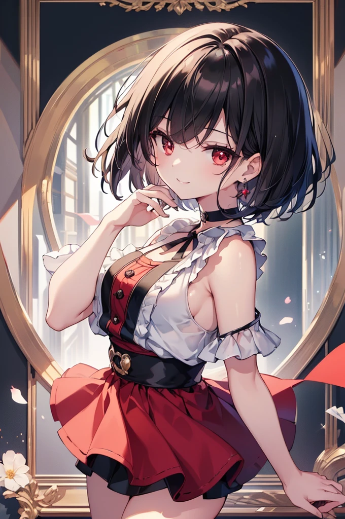 (masterpiece, highest quality, highest quality, (No text), Beautiful and aesthetic:1.2),No text,アニメ、BREAK,One Girl，Black Hair Girl　short hair　older sister　choker　Beautiful eyes　Red eyes　cool　smile　Red and Black　one piece　mini skirt　whole body　In town