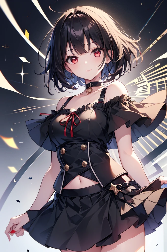 (masterpiece, highest quality, highest quality, (No text), Beautiful and aesthetic:1.2),No text,アニメ、BREAK,One Girl，Black Hair Girl　short hair　older sister　choker　Beautiful eyes　Red eyes　cool　smile　Red and Black　one piece　mini skirt　whole body　In town