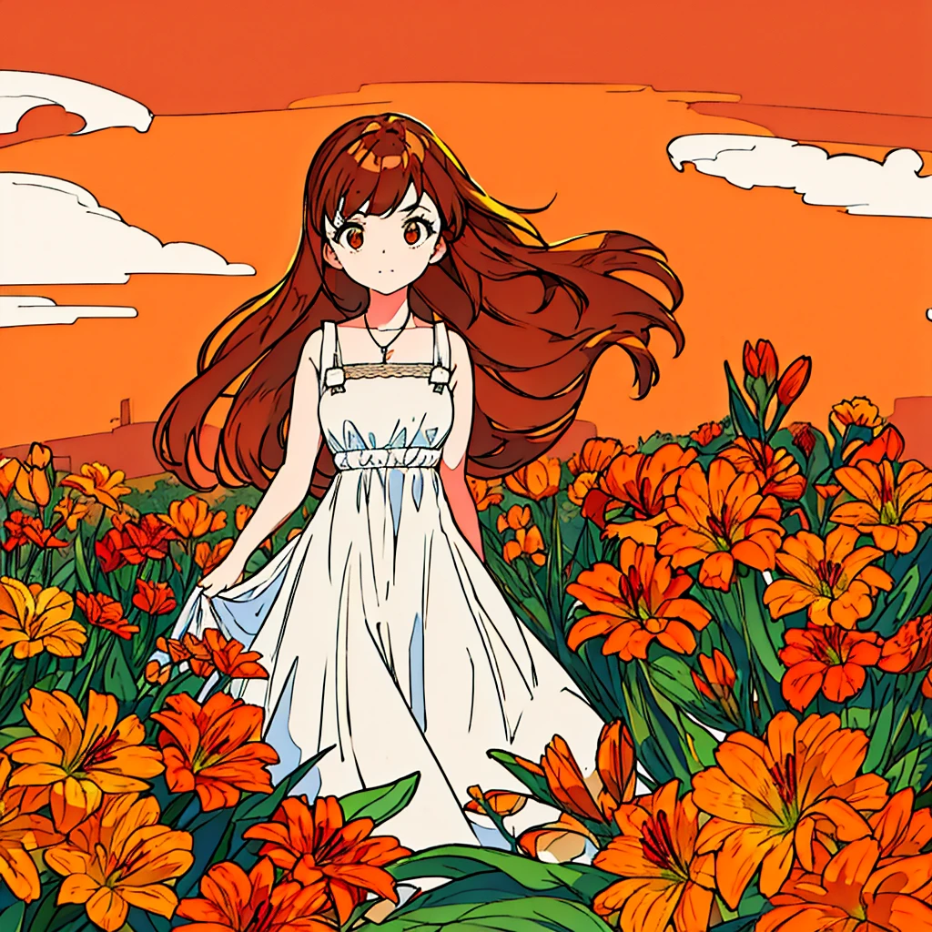 Orange plain background, lily flower, woman in white dress, brown hair, summer, nostalgic, simple
