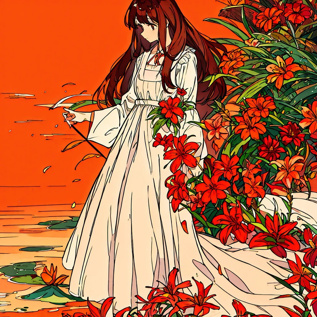 Orange plain background, lily flower, woman in white dress, brown hair, summer, nostalgic, simple