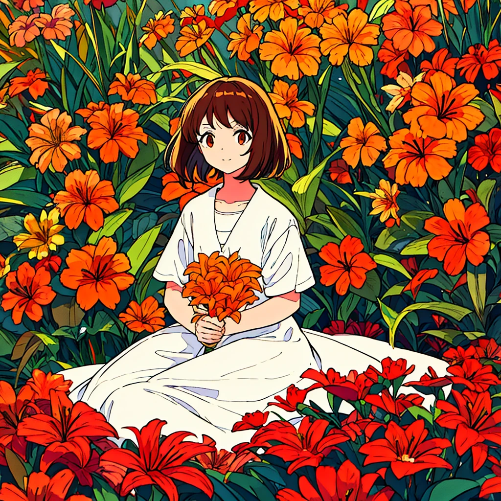 Orange plain background, lily flower, woman in white dress, brown hair, summer, nostalgic, simple