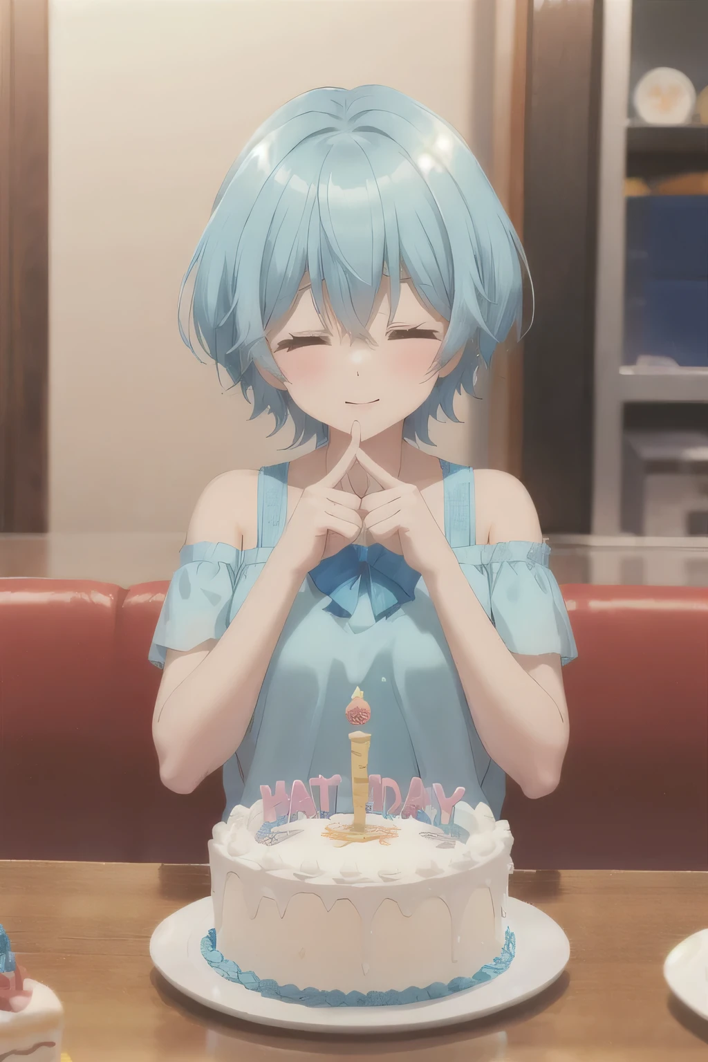 short hair,Blue Hair,Acting cute,Birthday Cake,Close your eyes and make a wish