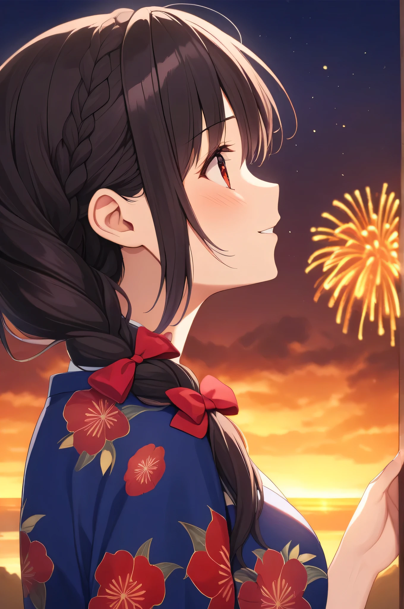 alone, One girl、Crown braids in the same color as your hair, hair ornaments, Hair Ribbon,(A light blue kimono with a red floral pattern and a red obi.)、Red Eyes、Black Hair、(blush:1.6)、(Profile of a smiling face with his mouth open:1.6)、Larger breasts、(The background is fireworks at night)、Looking up at the fireworks