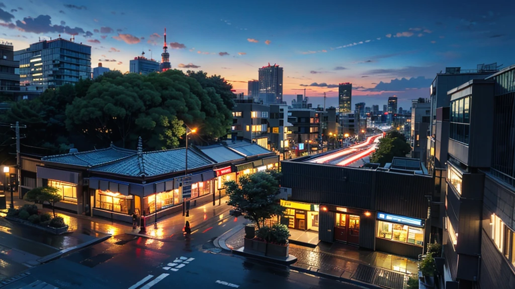 (masterpiece:1.4), (Highest quality:1.4), Very detailed, Complex, Super detailed, Tokyo、City、City of night、Modern cafe、street tree、4K、8k