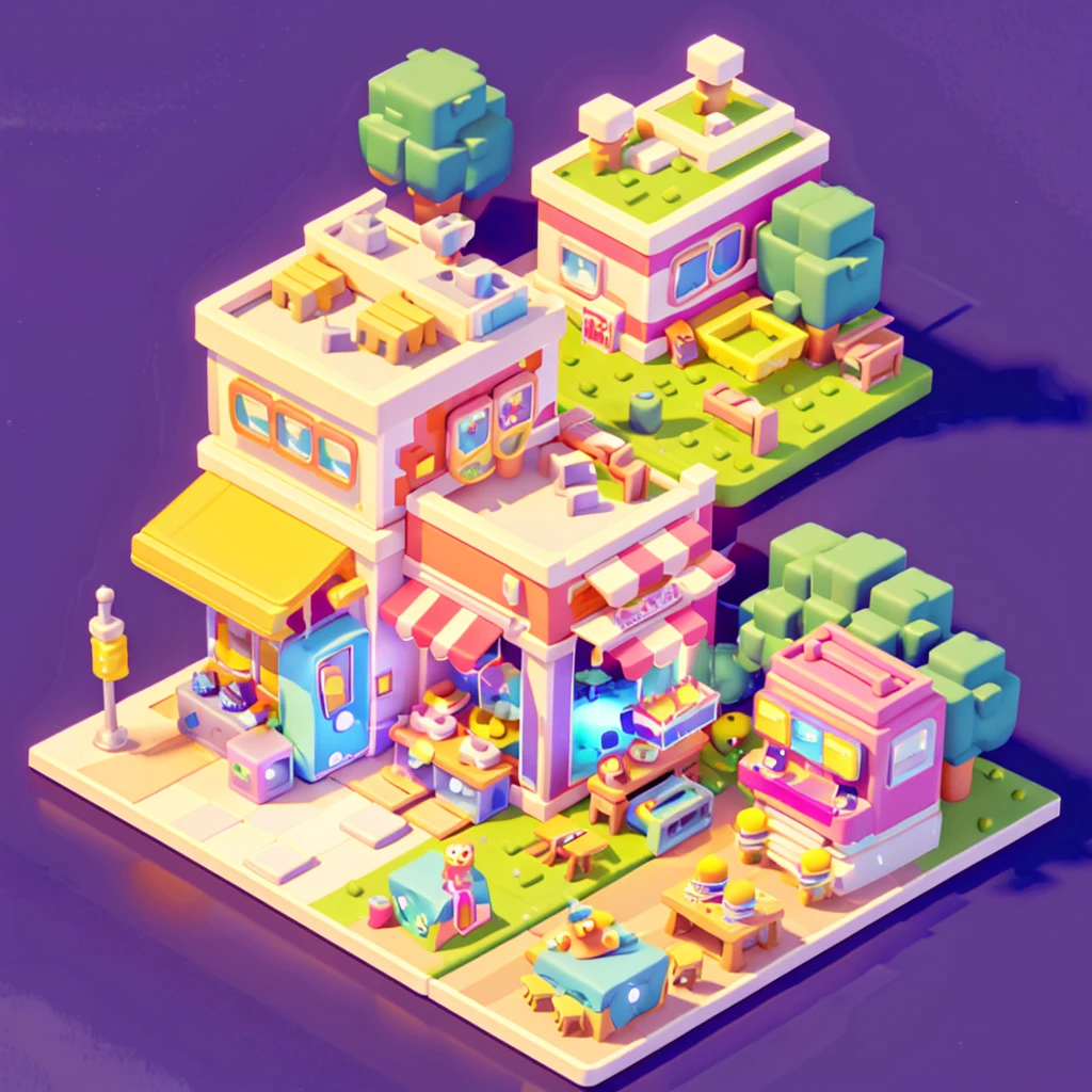 amusement park,Ferris wheel,Ice cream,dining car,camping,tent,Isometric Art, 3D Isometric, Isometric pixel art,Simple background,toon