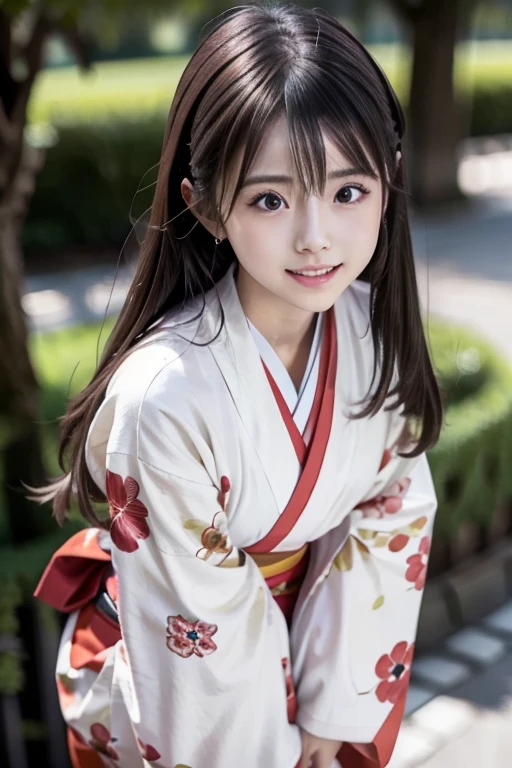 (8k, top quality, high definition, the best masterpiece, bright lighting, smooth professional lighting, face light, childish face, 15 years old, small breasts, balance carefully, camera gaze, big eyes, bilateral symmetrical eyes, laugh showing teeth, Yukata, Japan kimono, red floral kimono, red floral yukata with one hand lightly raised and waving, realistic skin, hydrated skin, perfect model body type, photorealistic, raw photo, japan girl, super cute, full body image, front pose)