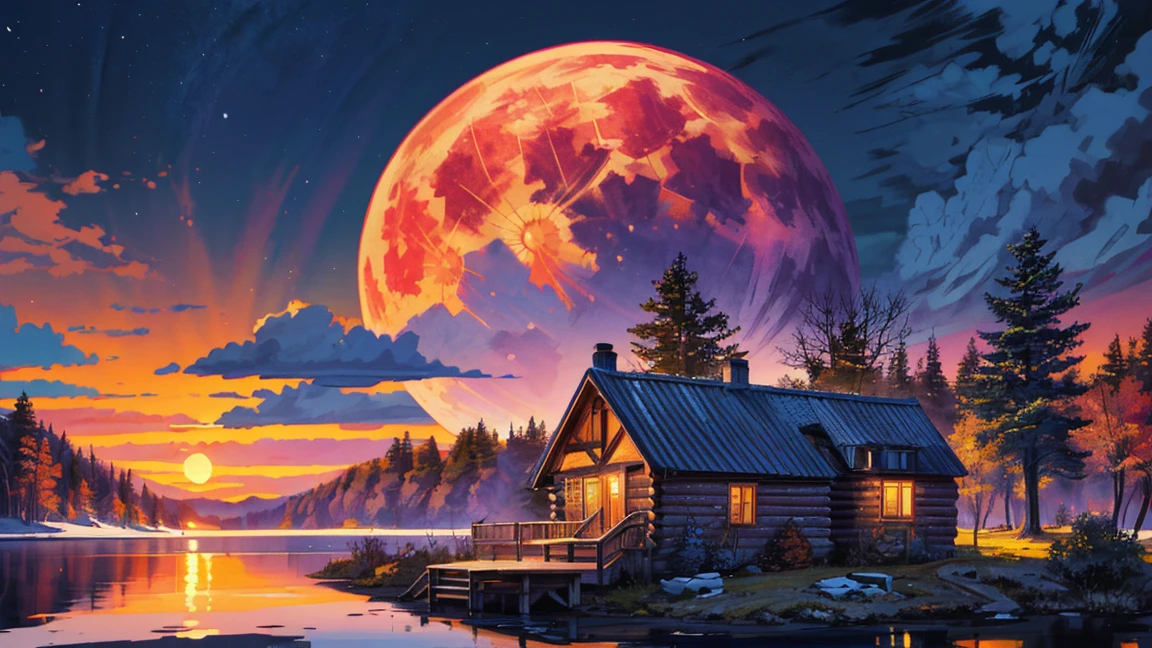 painting of a cabin by a lake with a full moon, detailed painting 4 k, beautiful art uhd 4 k, stunning art style, autumn sunset, scenery art detailed, scenery artwork, digital painting highly detailed, rich picturesque colors, in style of digital illustration, a beautiful artwork illustration, 4k highly detailed digital art, highly detailed digital painting, beautiful detailed scene