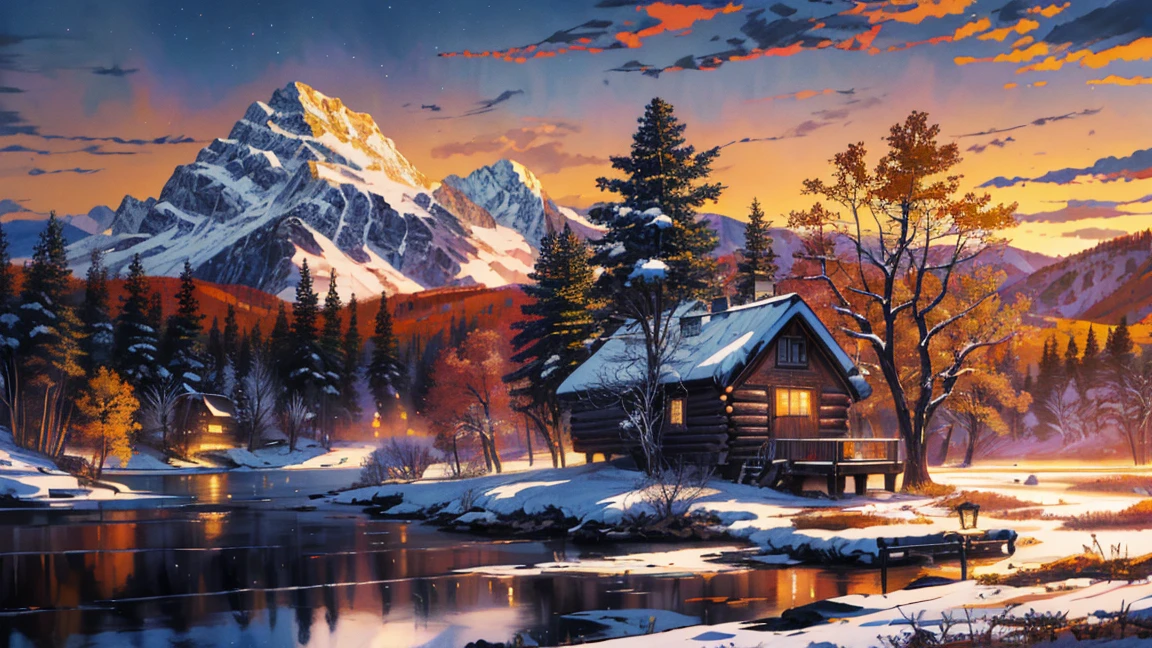 painting of a cabin by a lake with a full moon, detailed painting 4 k, beautiful art uhd 4 k, stunning art style, autumn sunset, scenery art detailed, scenery artwork, digital painting highly detailed, rich picturesque colors, in style of digital illustration, a beautiful artwork illustration, 4k highly detailed digital art, highly detailed digital painting, beautiful detailed scene