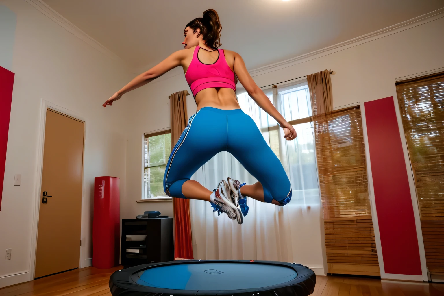 A 40-year-old woman is standing on a trampoline in a living room with a television, working out, her back to us. She is wearing a vibrant red tank top and blue shorts, with black sneakers on her feet. Her attention is focused on the television screen showing a physical exercise program. Fitness body, jumping, training, photo taken by nikon d 3200, sport, jumping at the viewer, indoor image. Next to her, a yellow plant adds a touch of color to the room. The scene suggests an active lifestyle and commitment to healthy habits. Woman in good physical shape, fitness woman, perfect face, perfect mouth.
Woman, ((Masterpiece, best quality)), full body view, detailed skin, highly detailed, cinematic lighting, ultra realistic, dark brown hair, medium hair, portrait, full body view, contrast, close-up, cinematic light, ultra-high resolution, RAW.
Woman with white skin and dark brown hair. She is around 40 years old, 165 cm tall and weighs 56 kg. She has a perfect mouth, a perfect face. Her body exudes glamor and her face is a definition of beauty. Slender body, thin waist. Highly realistic, hyperrealism, very elaborate skin, perfect face. Clear Photo, High Resolution, High Quality, Masterpiece, 16K Photo, High Contrast, Masterpiece, Nude, Nude, NSFW