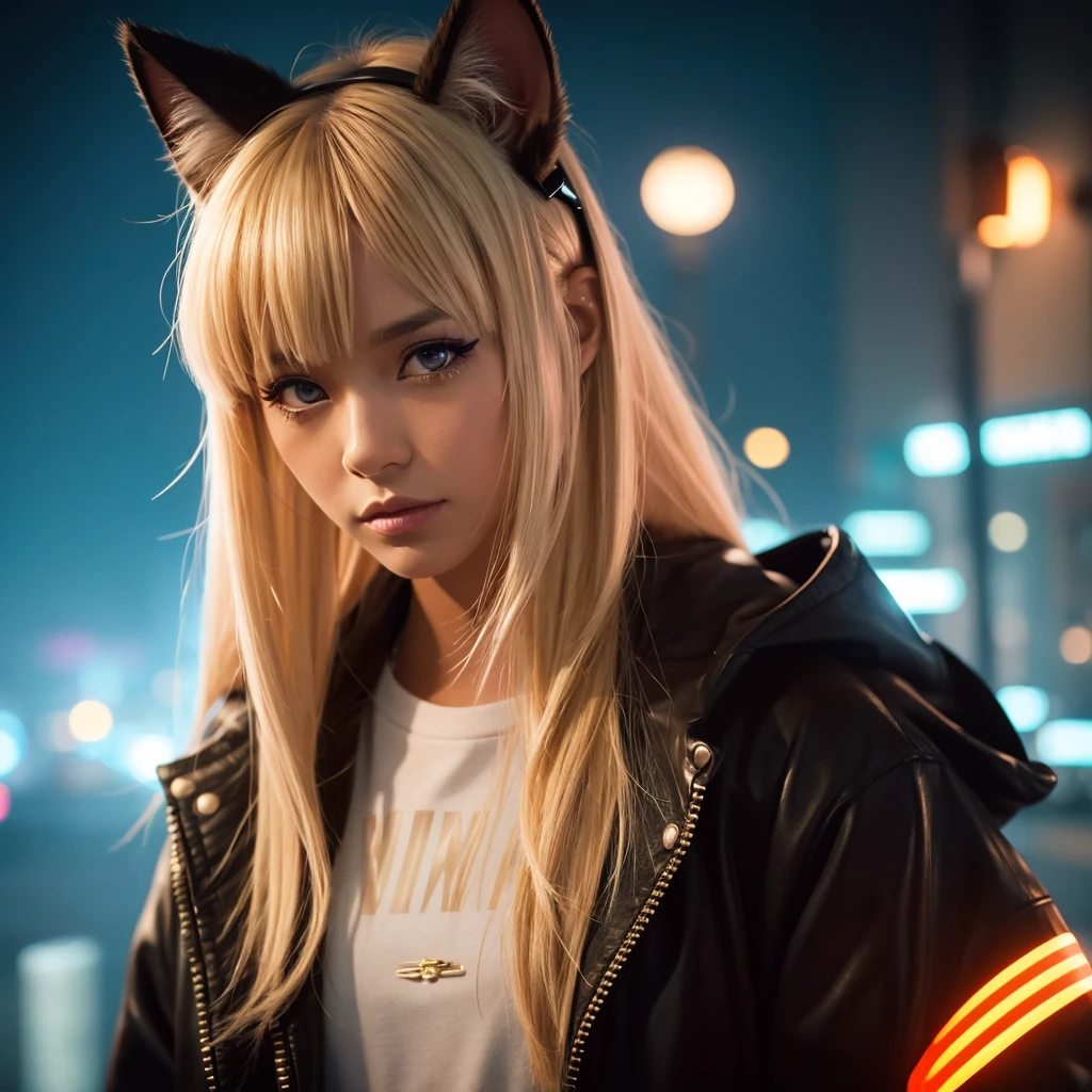 1girl, blond hair, cat_ears, animal_ears, solo, dark_skin, tan_skin, foggy neon futuristic, summer jacket, sakura falling, portrait style, looking_at_viewer, cinematic lighting, eyeliner, makeup, emotional, highly detailed, wide shot, sharp focus, ring light, rim lighting, octane render, ring light, rim lighting, nvinkpunk, samdoesarts