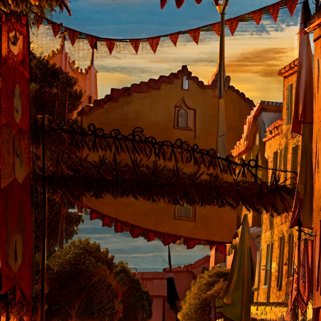 Warm colors, sunset, town street, rural town 