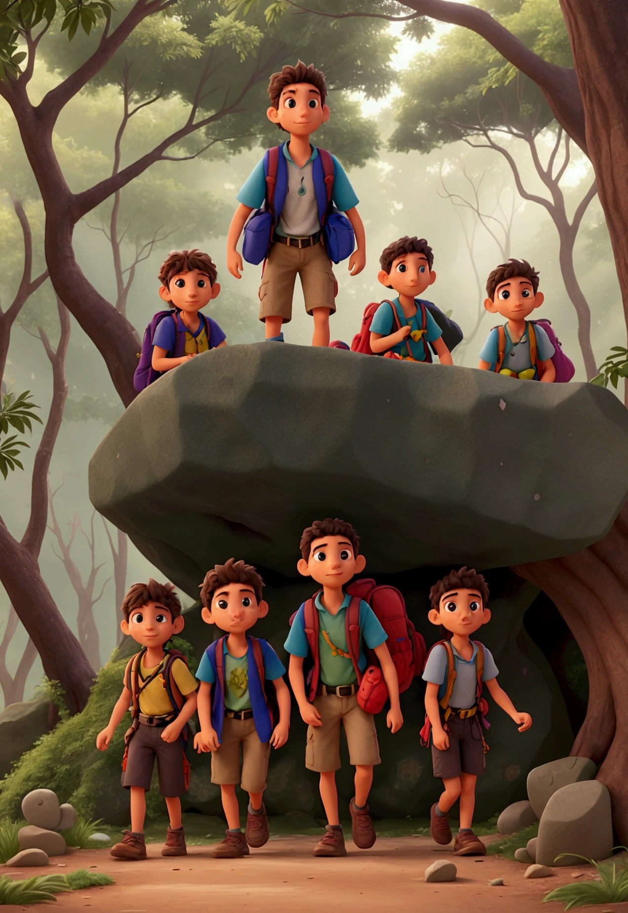 "THE NEXT MORNING, the four friends entered the Enchanted Forest, each carrying a backpack full of supplies. The trail was difficult, with large rocks and fallen trees that João used his climbing skills to help the group overcome." I need the faces to be well defined, the straight nose, the eyes, the mouth and the rest of the body
