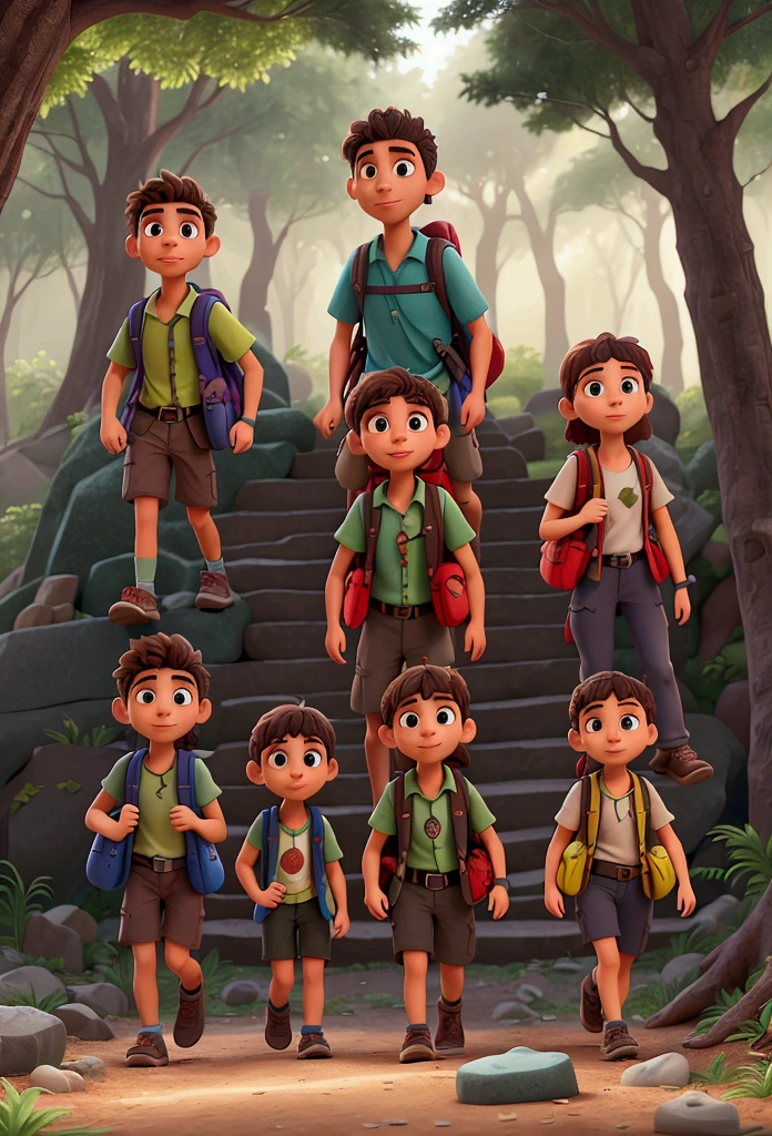 "THE NEXT MORNING, the four friends entered the Enchanted Forest, each carrying a backpack full of supplies. The trail was difficult, with large rocks and fallen trees that João used his climbing skills to help the group overcome." I need the faces to be well defined, the straight nose, the eyes, the mouth and the rest of the body