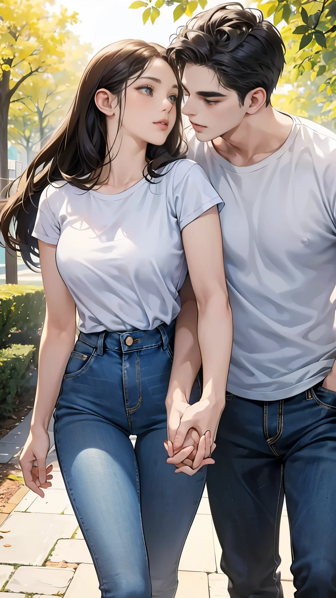 (nsfw), (Couple, A beautiful woman and a handsome man), Intimate gaze, Embracing, Soft kiss, Naked bodies, Tender skin, Glowing in the dim light, Muscular physique, Curvaceous figure, Passionate love, Erotic atmosphere, Detailed body hair, Close-up view, Sensual emotions, Realistic depiction, Aesthetic appreciation, High resolution, 4K
(Couple, Beautiful girl and boy), (Holding hands, Walking in a park), Joyful expressions, Bright colors, Springtime blooms, Blue sky, Sunshine, Casual clothing, Denim jeans, White t-shirt, St