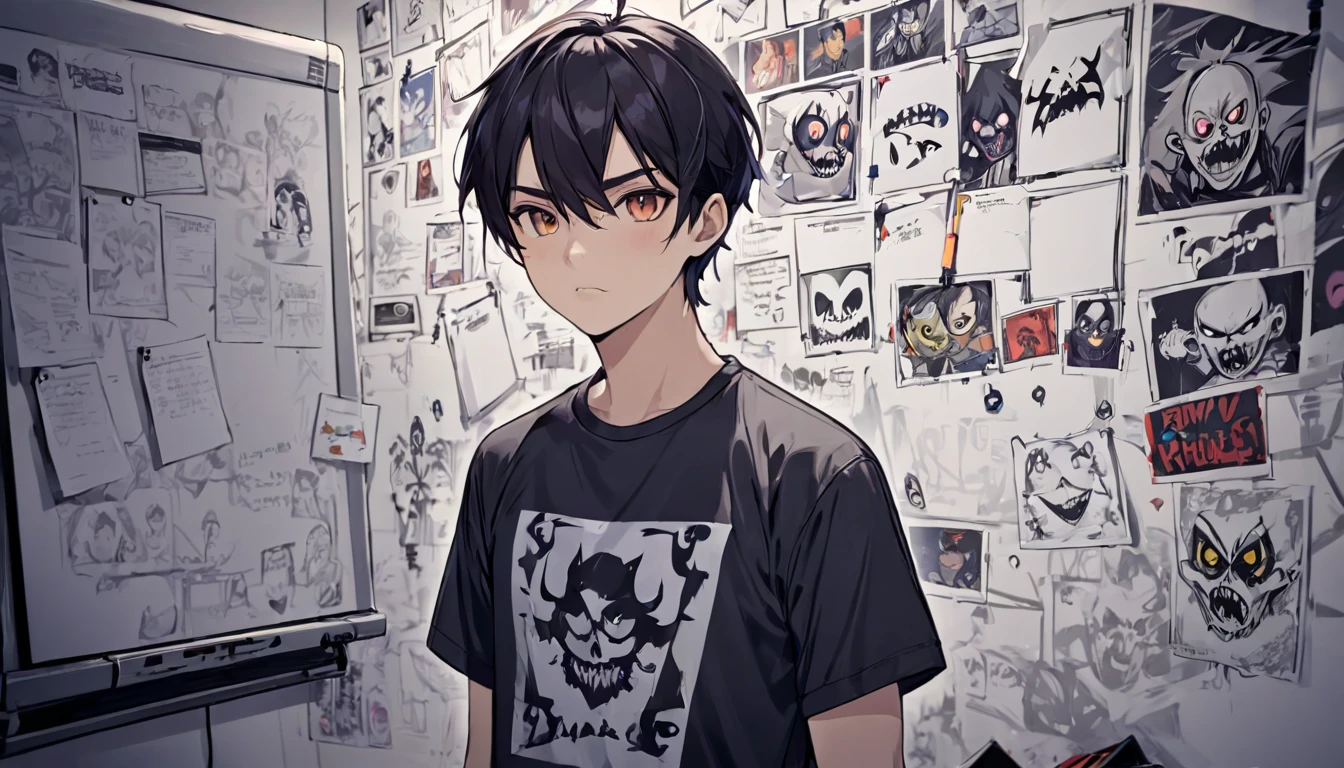 A  gamer guys plans on a whiteboard with pictures and papers hung on it, evil dark room , there is a scary faces and Puzzles on the wall,his tshirt has this Kahwaa name 