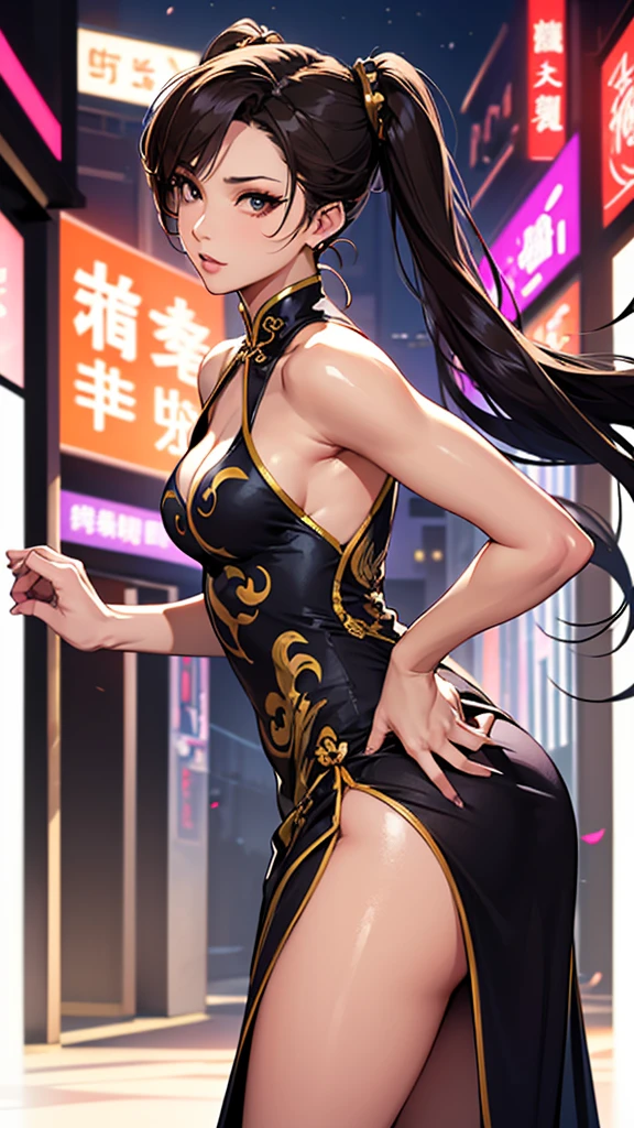 (A masterpiece), (high resolution), 4K,8K, perfect anatomy, ((from below and side)) ((full body)) ((bright sexy black Chinese dress with dragon paint)), ((panties are visible from Chinese dress slit)), the background is a building advertisement with dazzling neon light, ((sexy body)) , ((sexy face Chun-Li)), (looking back),athlete, Chun-li in street fighter’ character, extra digit, bad hands, 1girl, upper body, stylish sexy posture, looking at viewer, good applying makeup, (((small breasts))), cleavage, glistening skin, nightclub background,Delete everything except the character,