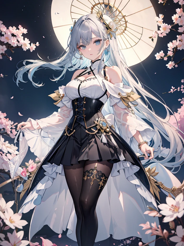8k,High resolution RAW color art, Anime Art,Silver Marble Skin, (((Highly detailed elegant))), Detailed skin, texture,(Exquisitely crafted, The finer details, Ultra-detailed art), (1 Girl), Depth of written boundary, Silky Touch, Hyper Detail, Cool face, eye shadow、Armed pretty woman, Beautiful attention to detail, Beautiful lip detail, Highly detailed face, Delicate depiction of hair and eyes, Detailed Fashion, Blue sparkling eyes, Earrings, Slightly larger breasts,Full body depiction, ,Focus on the user、Stylish white off-shoulder pants、Black above the knee corset skirt、Tights up to the knee、Thighs、Golden decoration, Black nails, Gray Hair, Golden bracelet, Long Straight Hair, Light blue outer color、(((Hair)))、sweater、Cherry Blossoms at Night（Lesoonlight、肌面積Lesature)))、Calm background、((Black Sword))
