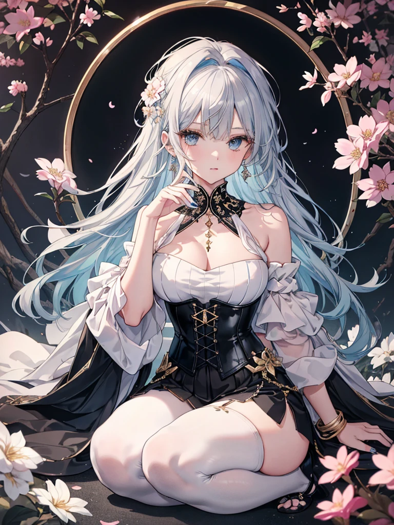 8k,High resolution RAW color art, Anime Art,Silver Marble Skin, (((Highly detailed elegant))), Detailed skin, texture,(Exquisitely crafted, The finer details, Ultra-detailed art), (1 Girl), Depth of written boundary, Silky Touch, Hyper Detail, Cool face, eye shadow、Armed pretty woman, Beautiful attention to detail, Beautiful lip detail, Highly detailed face, Delicate depiction of hair and eyes, Detailed Fashion, Blue sparkling eyes, Earrings, Slightly larger breasts,Full body depiction, ,Focus on the user、Stylish white off-shoulder pants、Black above the knee corset skirt、Tights up to the knee、Thighs、Golden decoration, Black nails, Gray Hair, Golden bracelet, Long Straight Hair, Light blue outer color、(((Hair)))、sweater、Cherry Blossoms at Night(Lesoonlight、肌面積Lesature)))、Calm background、((Black Sword))