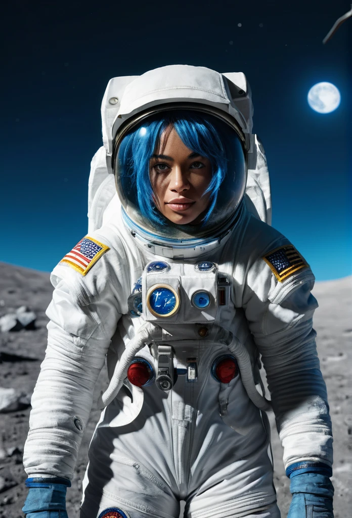 a beautiful biracial woman, full body, blue hair, light blue eyes, astronaut, broken mask, on the moon, dirty suit, (best quality,4k,8k,highres,masterpiece:1.2),ultra-detailed,(realistic,photorealistic,photo-realistic:1.37),HDR,UHD,studio lighting,ultra-fine painting,sharp focus,physically-based rendering,extreme detail description,professional,vivid colors,bokeh,photography,cool colors,dramatic lighting