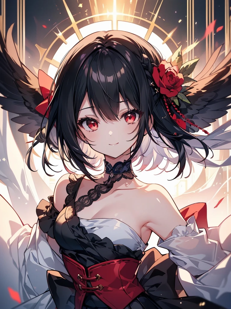 (masterpiece, highest quality, highest quality, (No text), Beautiful and aesthetic:1.2),No text,アニメ、BREAK,One Girl，Black Hair Girl　short hair　older sister　choker　Beautiful eyes　Red eyes　cool　smile　Red and Black　one piece　mini skirt　whole body　In town