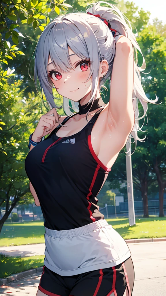 Create an image of a with wine-red eyes and silver hair styled in a ponytail. She has an energetic and joyful expression, as if she is hugging the viewer from the front. She is wearing a sporty outfit consisting of a sleeveless tank top and shorts, with a sweatband on her wrist. The background is a sunny park with lush green trees and a clear blue sky, giving a vibrant and lively atmosphere. Ensure the image captures her playful and active nature, with high-quality and very detailed elements.
