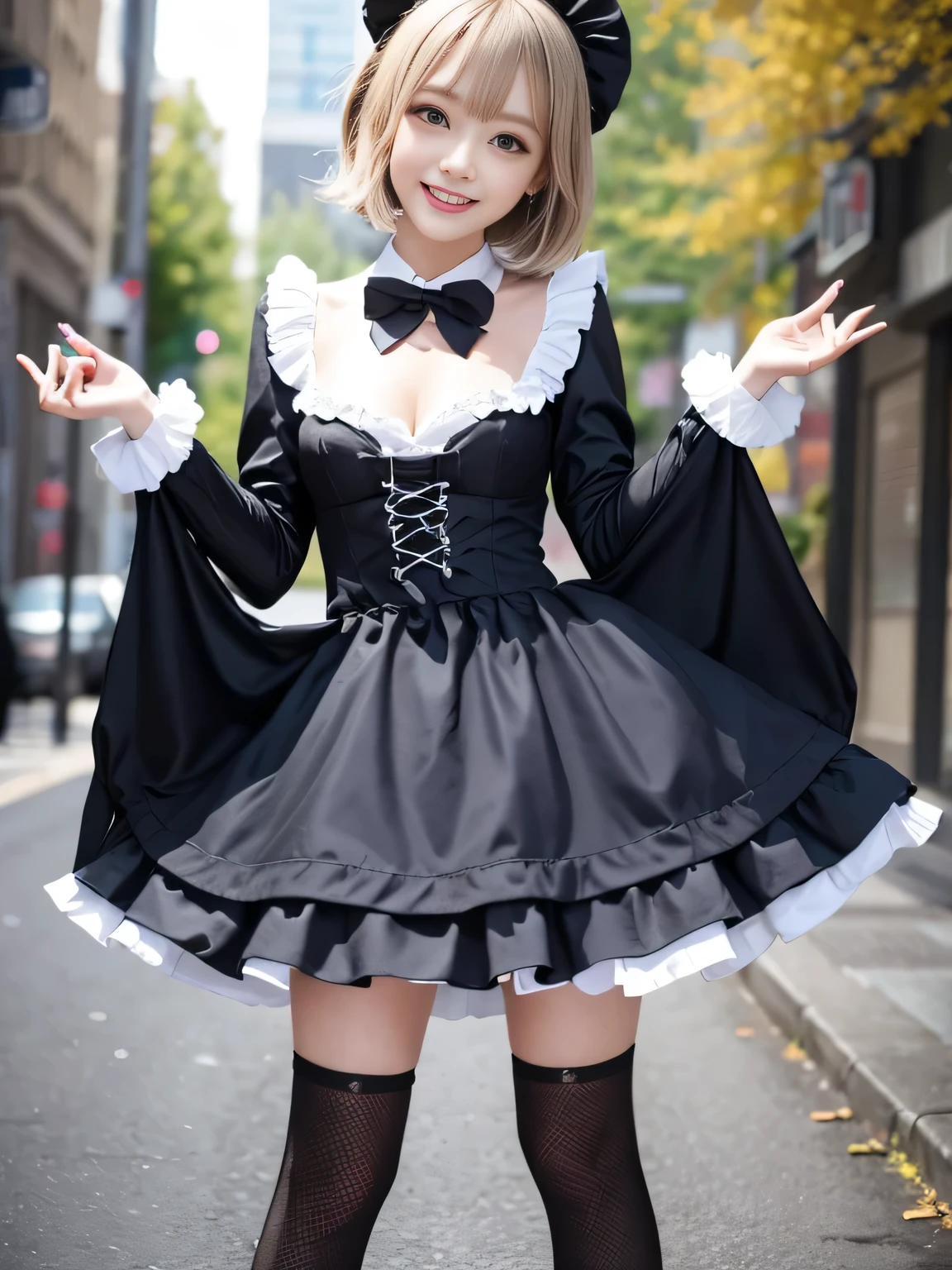 Short Bob、(Full body portrait:1.5)、19 years old、Slim and flat chested、smile、Smiling with teeth showing、Small breasts、Highest quality,masterpiece,Ultra-high resolution,(Actual:1.4),Original photo,Ultra-high resolution，8k，There are also women，Gothic Lolita Uniform、Maid Costume Cosplay、Beautiful views、With confidence, Beautiful and generous，Please lift up your skirt and show me your pants.、
