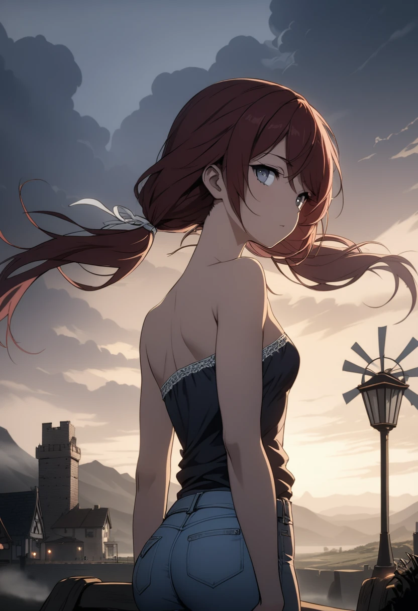 Gray eyes, dark red hair, swept bangs, side bangs, low twin tails, white ribbons, strapless dark blue shirt with white trim, jeans, small breasts, toned arms, (masterpiece:1.2, Best Quality), (finely detailed beautiful eye: 1.2), High contrast, (Best Illumination, extremely delicate and beautiful), ((Cinematic Light)),masterpiece, best quality, fog, mist, european medieval town by sea, gray plants, gray trees, windmill, aged brick buildings, lamp posts, mountains in distance, windy, clouds, early evening, gloomy,