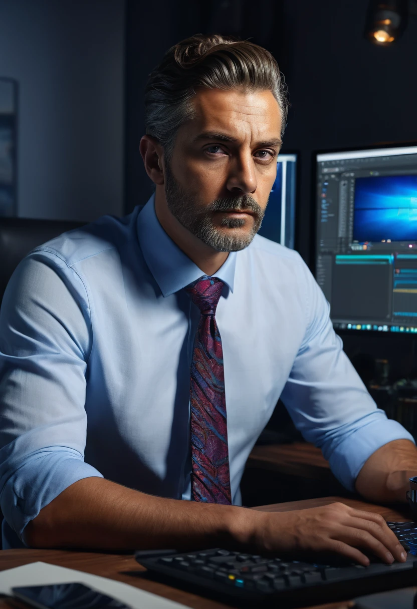 a man editing video on computer, medium format camera, professional studio lighting, photorealistic, extremely detailed, 8k, highres, masterpiece, vibrant colors, cinematic, dramatic lighting, detailed facial features, concentration expression, man wearing shirt and tie, sitting at a desk, digital art