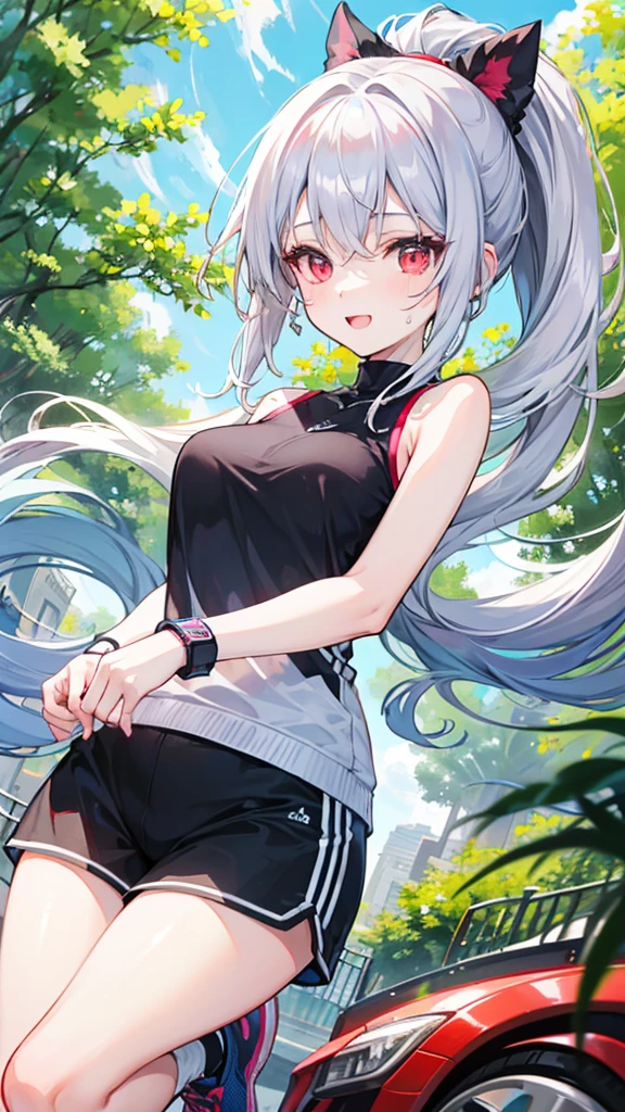 Create an image of a  with wine-red eyes and silver hair styled in a ponytail. She has an energetic and joyful expression, as if she is hugging the viewer from the front. She is wearing a sporty outfit consisting of a sleeveless tank top and shorts, with a sweatband on her wrist. The background is a sunny park with lush green trees and a clear blue sky, giving a vibrant and lively atmosphere. Ensure the image captures her playful and active nature, with high-quality and very detailed elements.