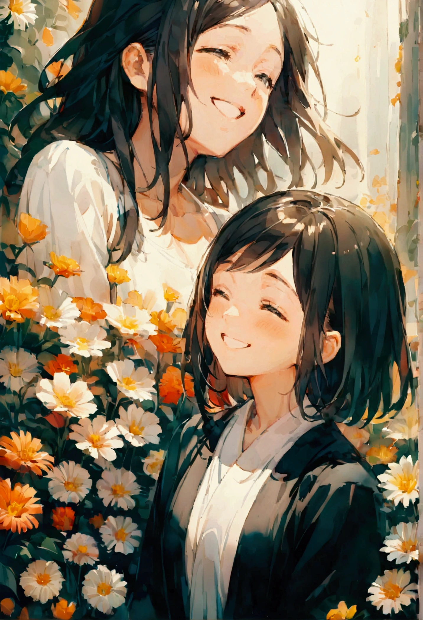 Surrounded by flowers,Flower side,One girl,Upper Body,smile,I'm laughing so hard my eyes are closing,A big smile,Black Hair,long,Shiny Hair
