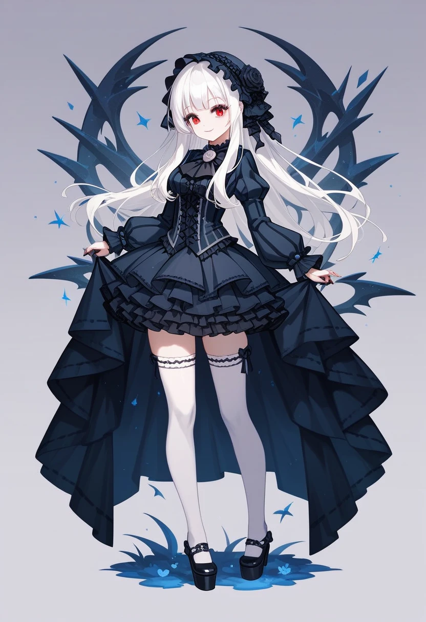 masterpiece, top-quality, masterpiece, top-quality,ighly detailed,{top-quality}, {{masterpiece}}, {hight resolution},original, {extremely delicate and beautiful},masterpiece, top-quality,ighly detailed,{top-quality},white hair, gothic lolita, full body, standing, white thighhighs, short dress, black dress,