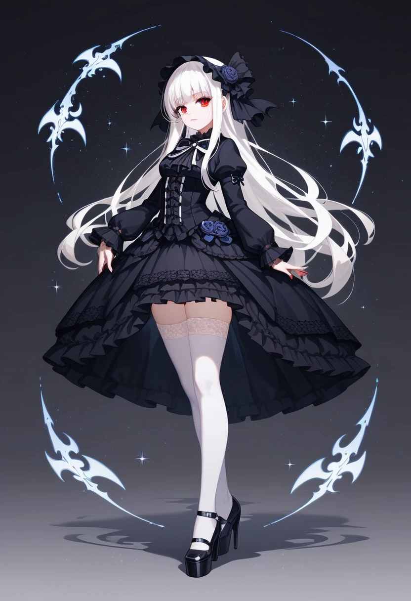 masterpiece, top-quality, masterpiece, top-quality,ighly detailed,{top-quality}, {{masterpiece}}, {hight resolution},original, {extremely delicate and beautiful},masterpiece, top-quality,ighly detailed,{top-quality},white hair, gothic lolita, full body, standing, white thighhighs, short dress, black dress,