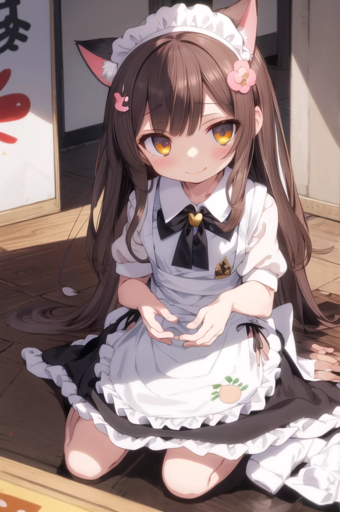 best quality, expressive eyes, perfect face,full body,very long hair,shining eyes,maid clothes lift,flower ornaments,smug smile,kindergarten body, kindergarten, cafe,cat ears ,cute,kawaii, heart spawn,panty pull,bell,sitting,from under view,smug,pussy