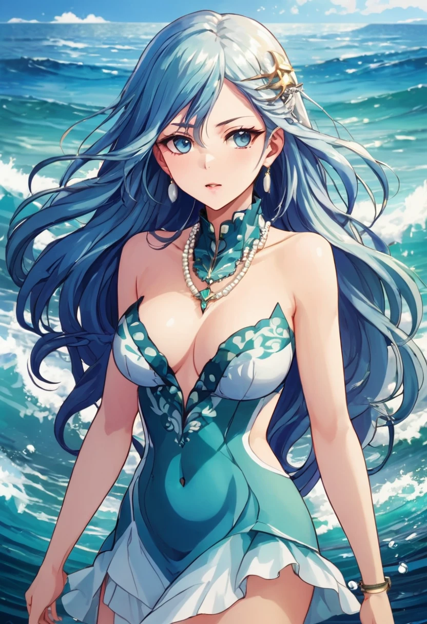 Create a stunning anime girl inspired by the sea. Imagine her with flowing, ocean-colored hair, perhaps adorned with shells or seaweed. Her outfit should reflect marine elements, like a dress with a wave pattern or accessories made of pearls. Capture the essence of the sea in her eyes, making them deep and reflective like the ocean itself."