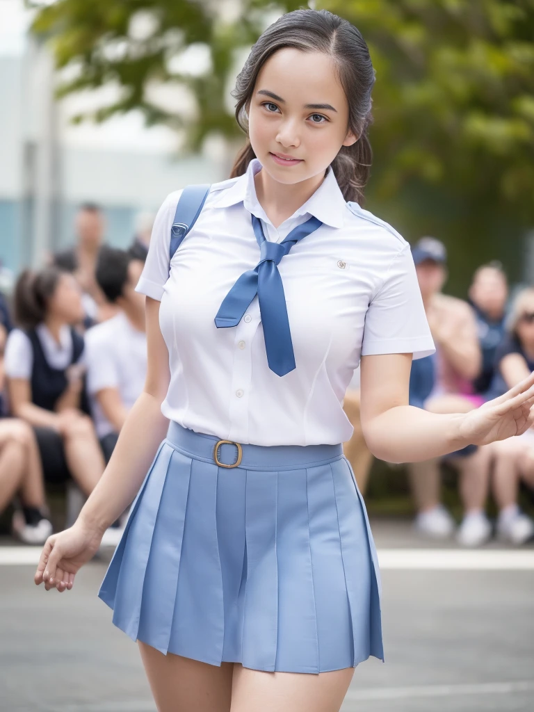 1girl, solo, (uniform), standing, outdoors, cute pose, detailed face, detailed eyes, medium breasts, smooth skin, tight white shirt, grey blue short skirt, looking at the audience, low angle shot,(8k, RAW photo, best quality, masterpiece: 1.2), (realistic, realistic: 1.37), ultra-high resolution