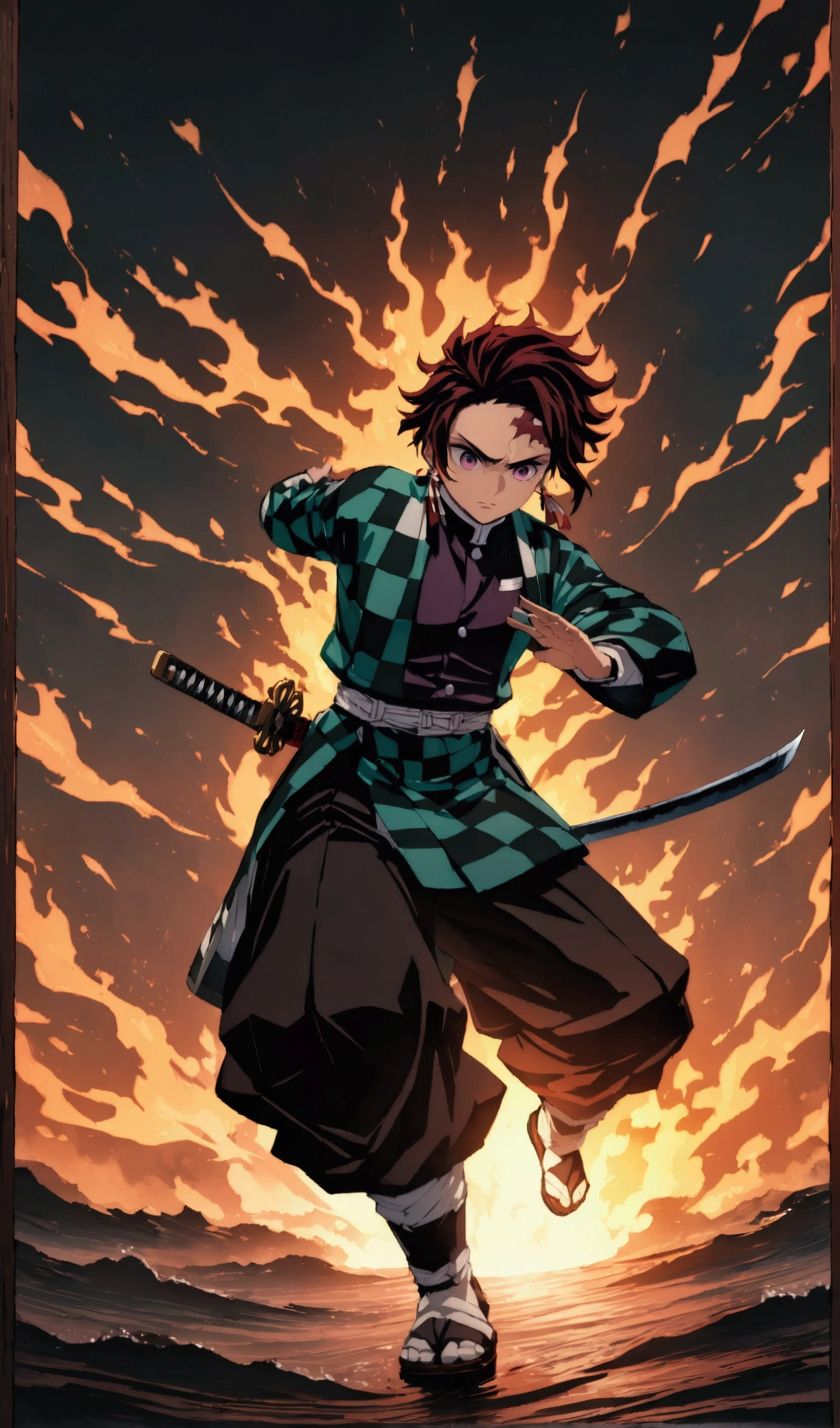 (1 male,Tanjiro Kamado),Demon slayer,Tanjiro Costume,tanjiro has a sword,Water and fire effects,Intricate details,,Decadent,artwork,rendering,Dynamic pose,(masterpiece:1.3),(highest quality:1.4),(Super detailed:1.5),High resolution,Very detailed,unity 8k wallpaper,Dark fantasy,,Glare,Fighting Style,Glare,Desperate form,BREAK,The sword is a Japanese sword,Japanese swords are straight and have a metallic luster..,Please hold the handle of the Japanese sword