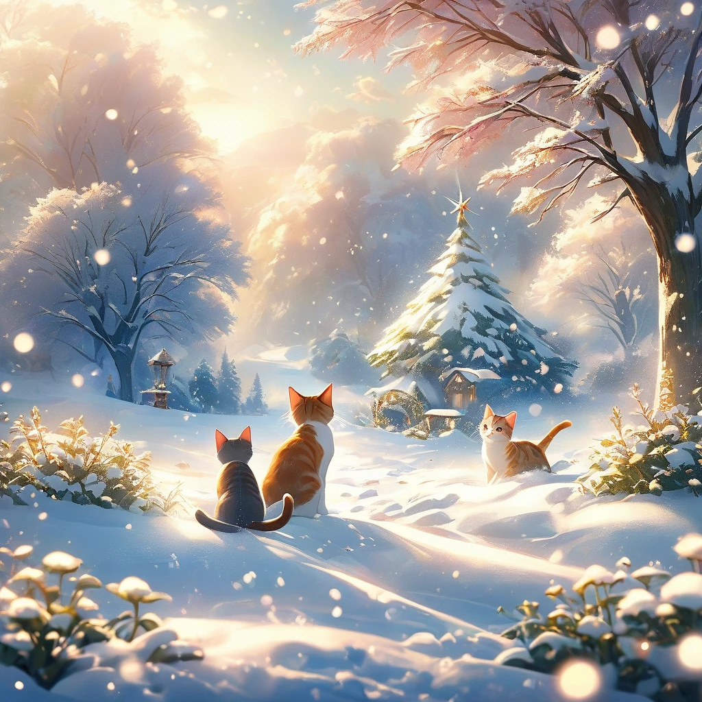 Snow Scene，snow，Cat（（（Romantic atmosphere）））（（（fairy tale elements）））（（（masterpiece）））， （（best quality））