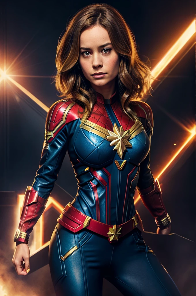 brie larson, medium hair, full body portrait, wearing captain marvel outfit, sexy, cleavage, 
big breasts 
