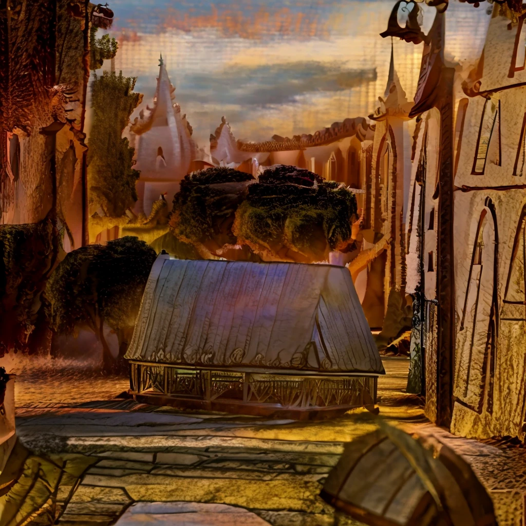 A beautiful idyllic rural town at sunset, cobblestone streets, old-fashioned buildings, warm glowing light, dramatic clouds in the sky, people strolling, a sense of peaceful tranquility, (best quality,4k,8k,highres,masterpiece:1.2),ultra-detailed,(realistic,photorealistic,photo-realistic:1.37),warm colors,golden hour,dramatic lighting,intricate details,picturesque landscape,town square,old architecture,quaint village,countryside,atmospheric,serene