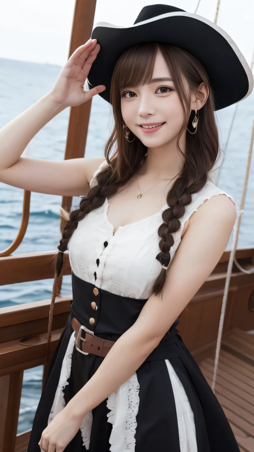 Best picture quality (8k, high resolution, Masterpiece: 1.2), super detailed,  215 Short Hair,Three braids long hair, 26-year-old woman, 

Final Fantasy、yuna、On the pirate ship、on deck、Pirate costumes、Pirate's big hat、Brown Eyes , One Piece Nami&#39;s outfit


,Active Pause ,
Beside her、The thunder danced。
Focus on the waist above


, random cute pose ,big eyes ,Puffy eyes ,  Heart Pupil, blush  , huge shy smile , salute
