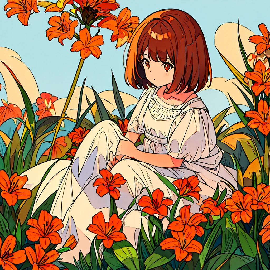 Orange plain background, lily flower, woman in white dress, brown hair, summer, nostalgic, simple