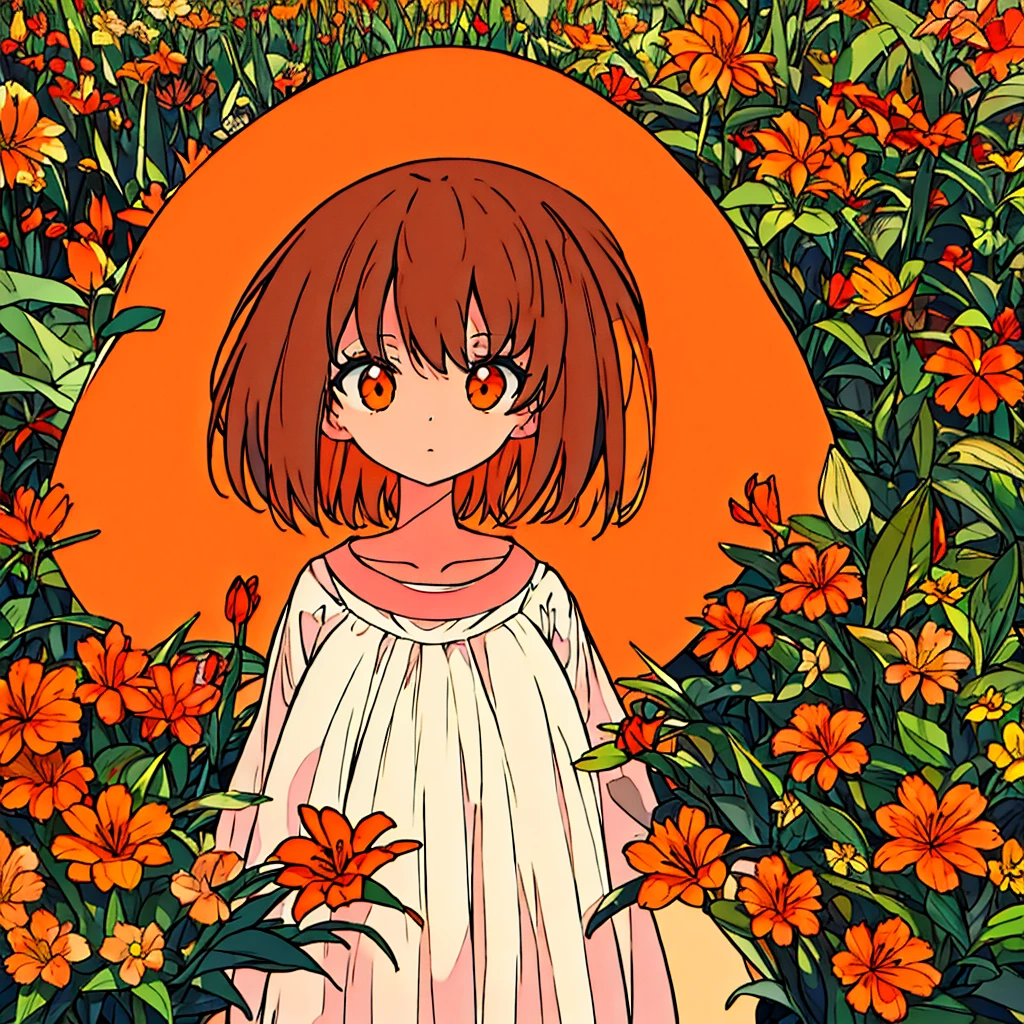 Orange plain background, lily flower, woman in white dress, brown hair, summer, nostalgic, simple