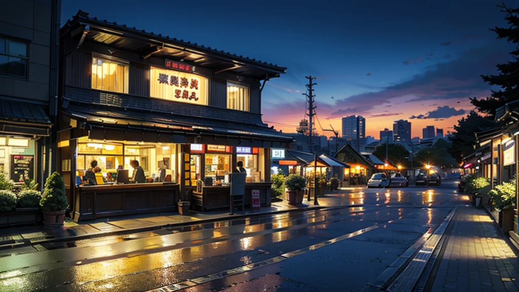 (masterpiece:1.4), (Highest quality:1.4), Very detailed, Complex, Super detailed, Tokyo、City、City of night、Cafe、street tree、4K、8k