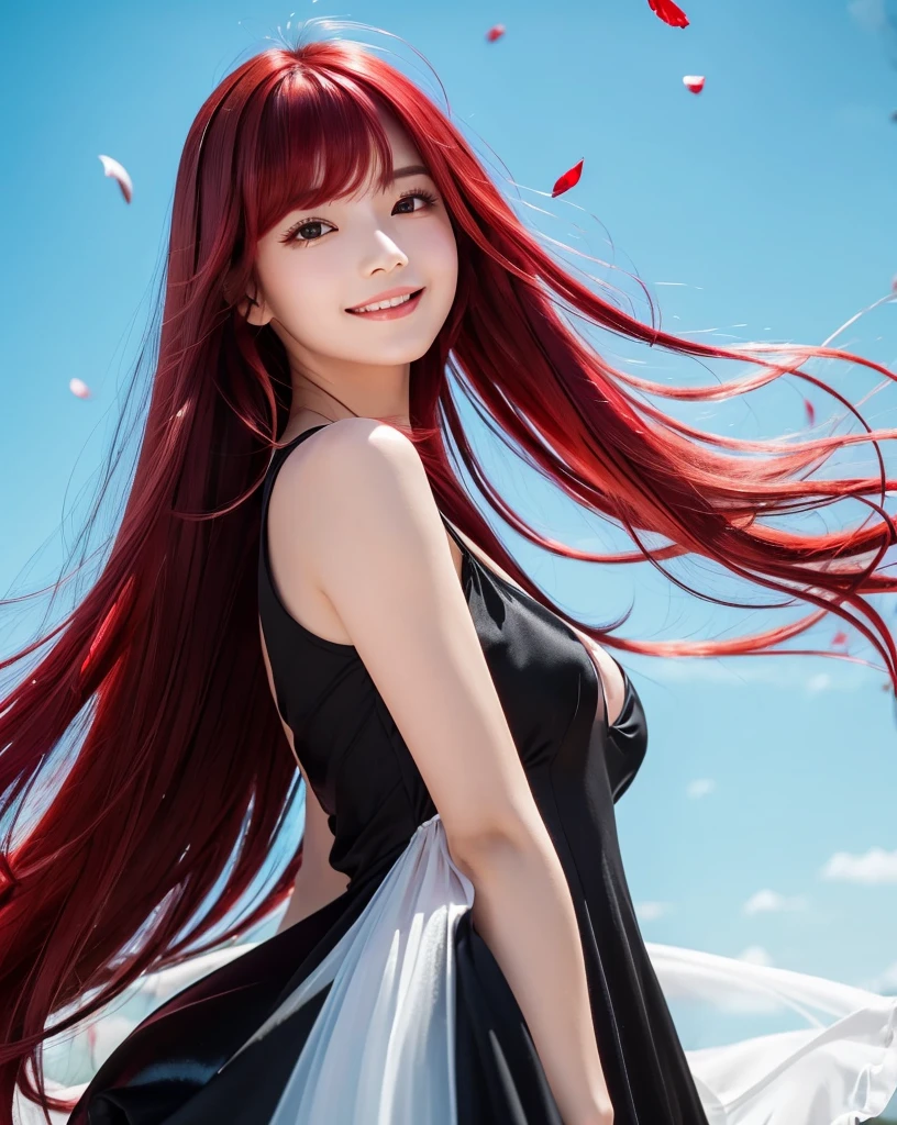 (Highest quality, 32k, High resolution, Masterpiece:1.5, ), god々It has a brilliant and healing power., Evoking a sense of calm and elusive beauty, Expressing emotions, Have a rich imagination, Beautiful Japanese Girls, An exceptionally beautiful face, Small Face Beauty, Perfect Human Anatomy, Magical big eyes, Motherhood and generosity, Deep Love, fleeting smile, ((Shiny crimson hair:1.4)), Super long straight silk hair swaying in the wind, Asymmetrical bangs, Hair between the eyes, Transparent, soft white skin, Sharp eyebrows, Thin lashes, Natural Makeup, Cheek highlighter, Detailed and cute lips, Perfect and beautiful teeth, (Black dress:1.5), Slim figure with ample breasts, ((Beautifully detailed skies:1.2)), ((Vibrant petal effect:1.2)), god秘的