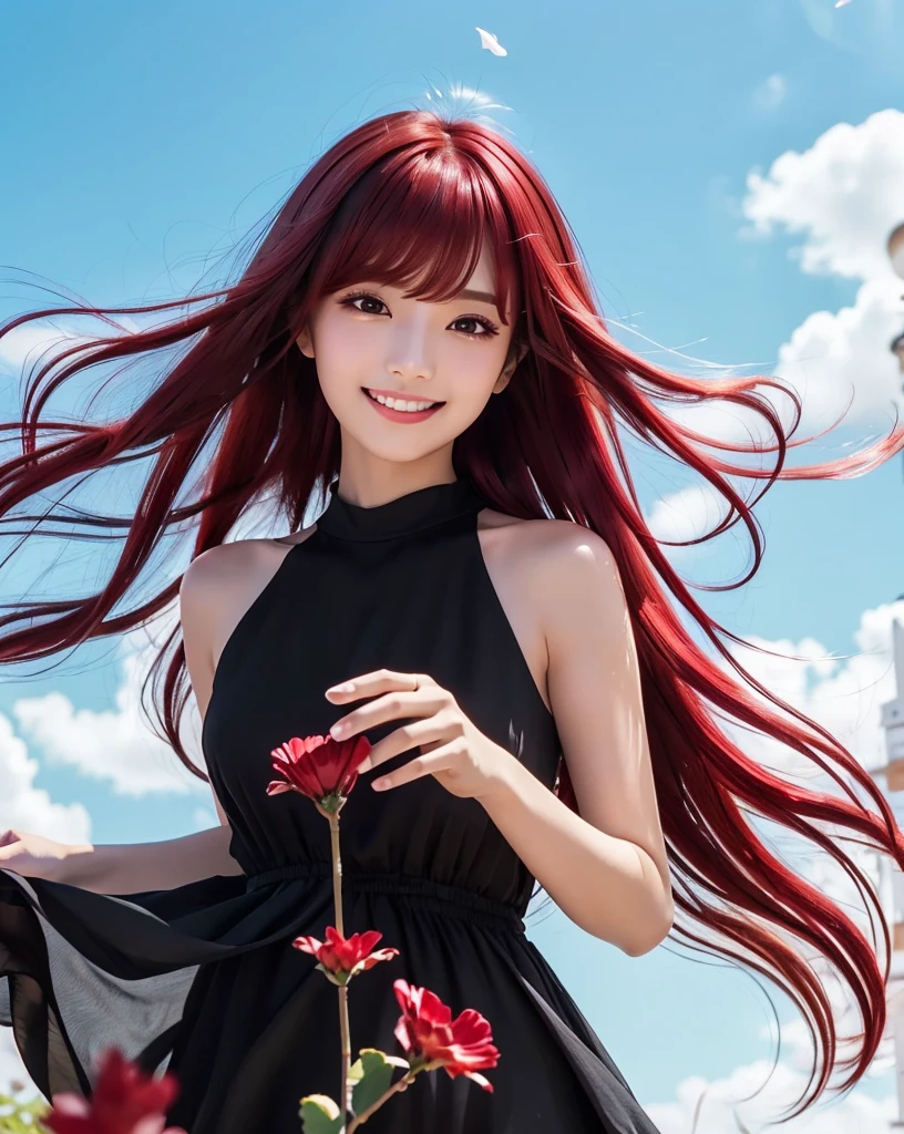 (Highest quality, 32k, High resolution, Masterpiece:1.5, ), god々It has a brilliant and healing power., Evoking a sense of calm and elusive beauty, Expressing emotions, Have a rich imagination, Beautiful Japanese Girls, An exceptionally beautiful face, Small Face Beauty, Perfect Human Anatomy, Magical big eyes, Motherhood and generosity, Deep Love, fleeting smile, ((Shiny crimson hair:1.4)), Super long straight silk hair swaying in the wind, Asymmetrical bangs, Hair between the eyes, Transparent, soft white skin, Sharp eyebrows, Thin lashes, Natural Makeup, Cheek highlighter, Detailed and cute lips, Perfect and beautiful teeth, (Black dress:1.5), Slim figure with ample breasts, ((Beautifully detailed skies:1.2)), ((Vibrant petal effect:1.2)), god秘的